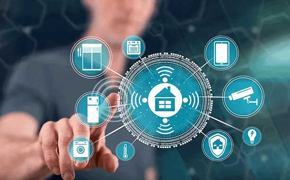 Een blauwe interface toont pictogrammen van een huis, beveiliging, apparaten en een lift. Een hand wijst naar de interface.