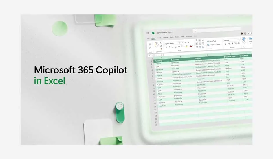 Tableur Excel affichant des données avec en-tête vert. Sur le côté, texte "Microsoft 365 Copilot in Excel" avec des notes vertes.
