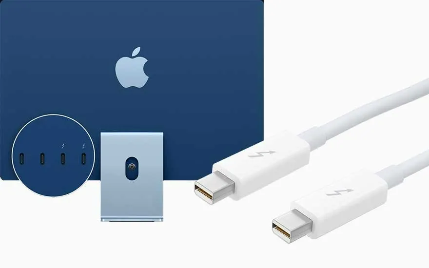 Blauw apparaat met Apple logo, zilverkleurige hub en witte Thunderbolt-kabels op een witte achtergrond.