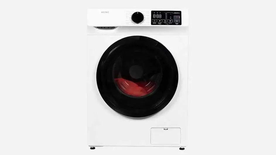 White washing machine with large black circular door and digital display on top, showing red laundry inside the drum against a plain background.