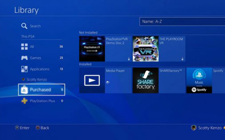 Interface PS4 bleu affichant "Bibliothèque" avec options: Jeux, Applications, Achats. Icônes: Media Player, Share Factory, Spotify.