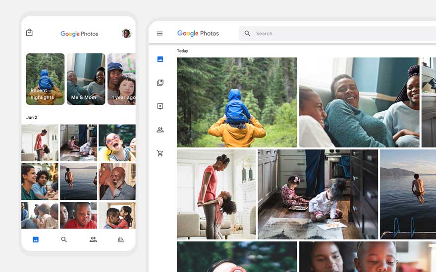Deux écrans d'application Google Photos affichent des photos variées, des paysages aux moments familiaux.