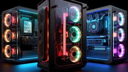 Drie computerbehuizingen met interne hardware en LED-verlichting in rood, groen, blauw en paars.