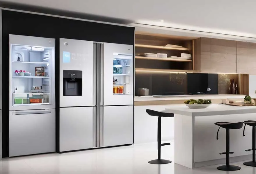 Réfrigérateur double argenté intégré dans une cuisine moderne avec îlot et tabourets noirs.