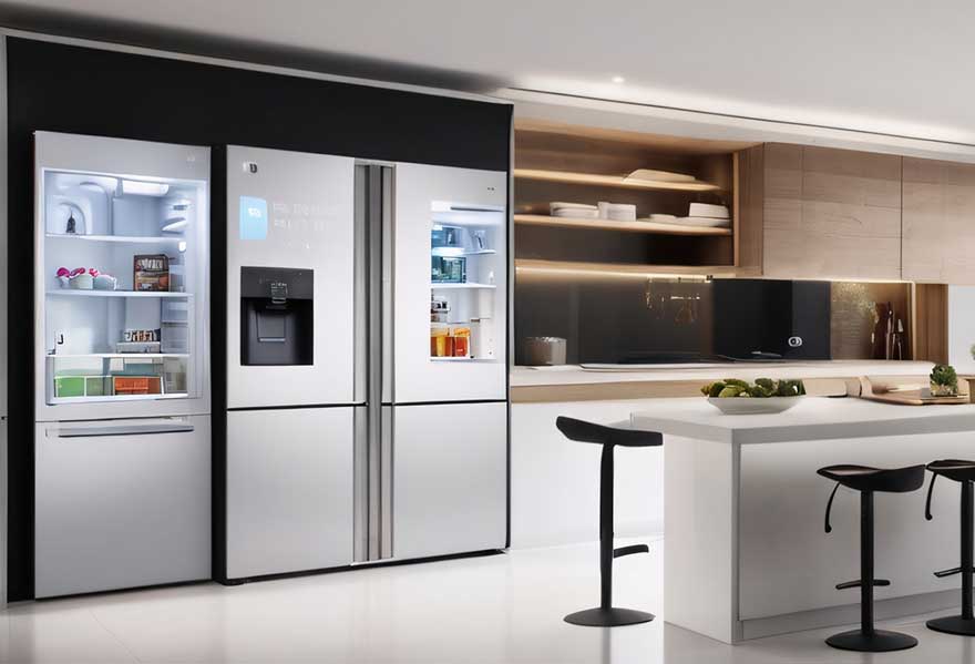 Réfrigérateur double argenté intégré dans une cuisine moderne avec îlot et tabourets noirs.