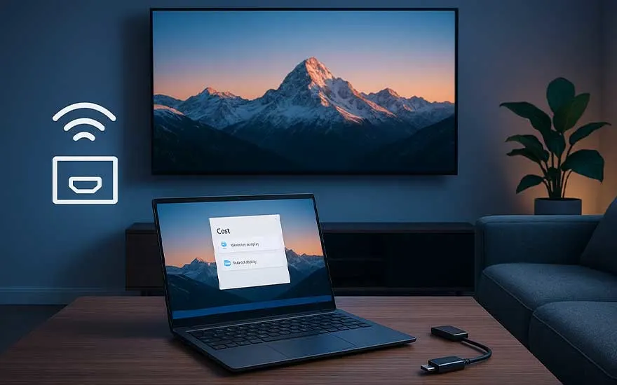 Un ordinateur portable posé sur une table partage sans fil un paysage de montagne vers un grand écran dans un salon moderne.
