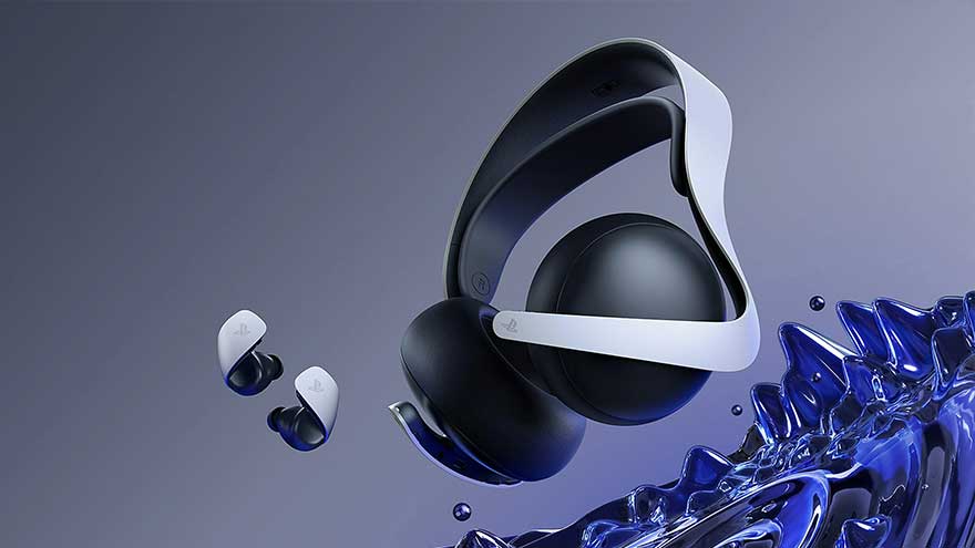 Casque noir et blanc avec oreillettes et écouteurs sur fond bleu avec des formes bleues pointues.