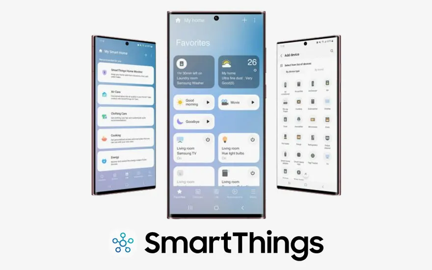 Trois smartphones affichent l'interface utilisateur SmartThings sur fond blanc, avec le logo SmartThings en bas.