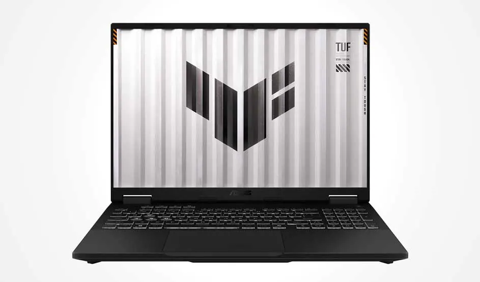 A black ASUS TUF laptop sits open on a white background; the screen shows a grey striped pattern with a large TUF logo and text.
