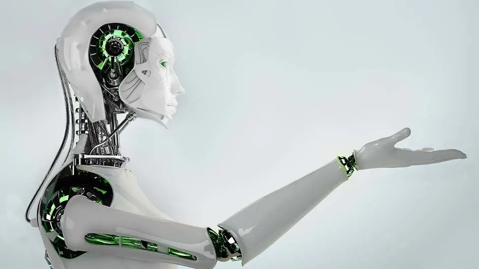 Un robot blanc avec des détails verts tend la main sur un fond blanc uni.