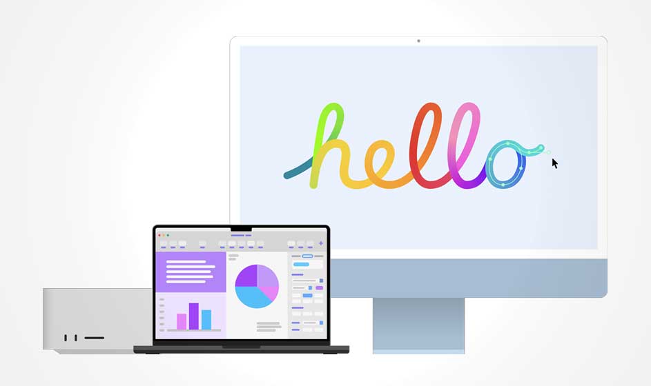 Un ordinateur de bureau affiche le mot coloré « hello » sur un grand écran. Devant, un ordinateur portable et une tablette montrent des graphiques.