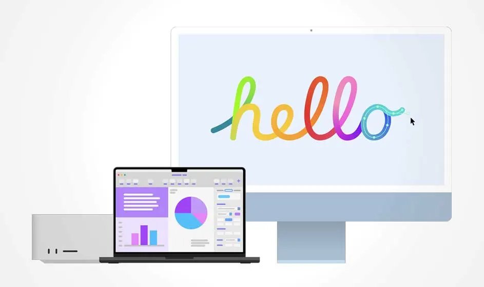 Un ordinateur de bureau affiche le mot coloré « hello » sur un grand écran. Devant, un ordinateur portable et une tablette montrent des graphiques.
