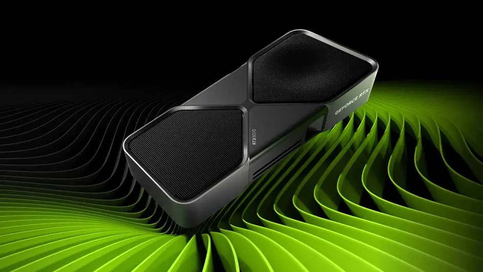 Een grijze RTX 3070 grafische kaart ligt op een achtergrond van groene en zwarte lijnen.