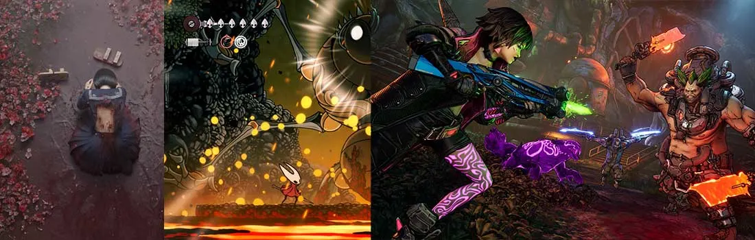 Trois scènes de jeux vidéo contrastées montrent du drame, de l’action, du platforming et des combats futuristes dans un univers vibrant.