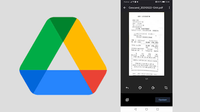 Een Google Drive-logo naast een schermafbeelding van een telefoon met een PDF-document.