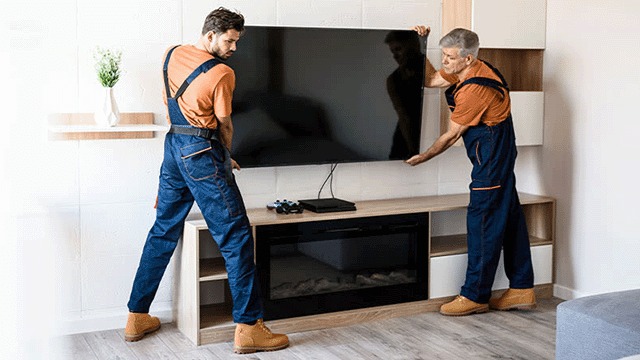 Two workers in blue overalls install a large black TV on a light wood media console with a black fireplace insert.