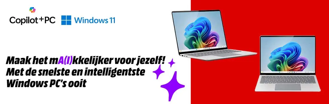 Laptop met toetsenbord en scherm waarop een app-logo en de tekst "Copilot+PC" te zien zijn.