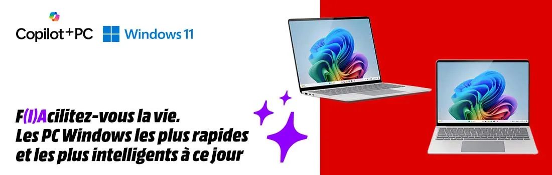 Un ordinateur portable gris ouvert montre l'icône Copilot. Le clavier est visible, avec du texte blanc superposé.