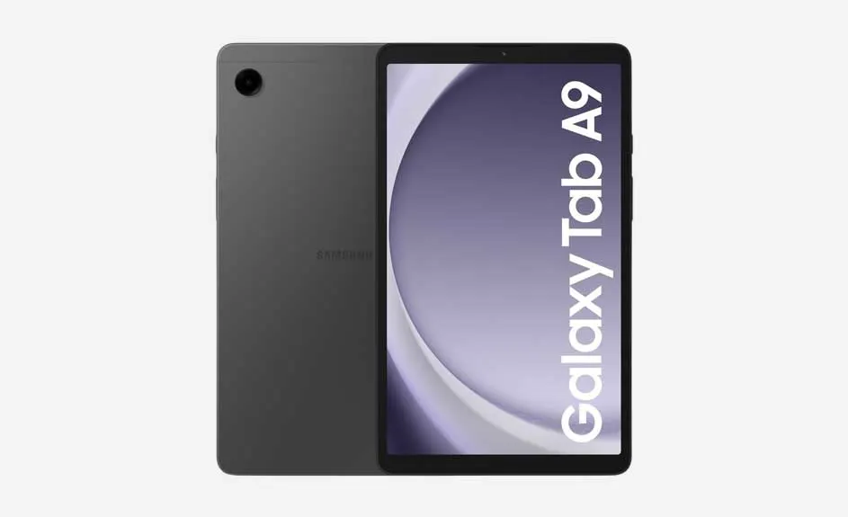Une tablette grise, de dos et de face sur fond blanc, montrant l'écran avec "Galaxy Tab A9" écrit verticalement.