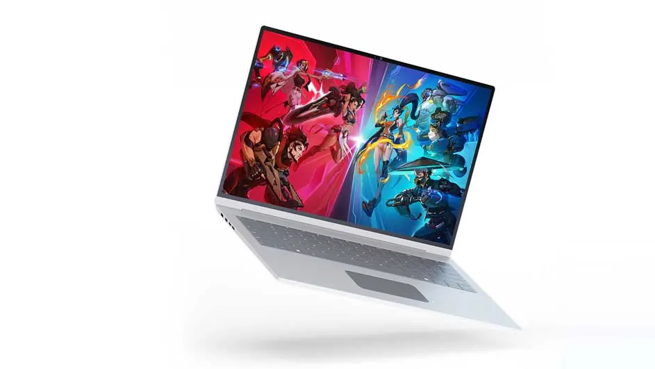 Laptop met een kleurrijke gameafbeelding op het scherm, zwevend tegen een witte achtergrond.