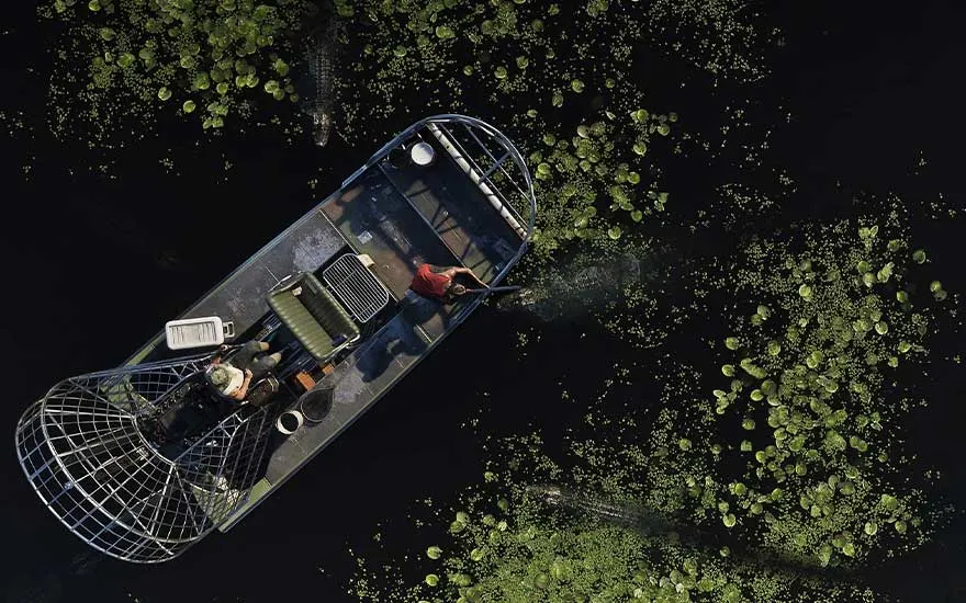 Bovenaanzicht van een moerasboot die door donker water met groene planten glijdt, drie mensen verkennen de omgeving.