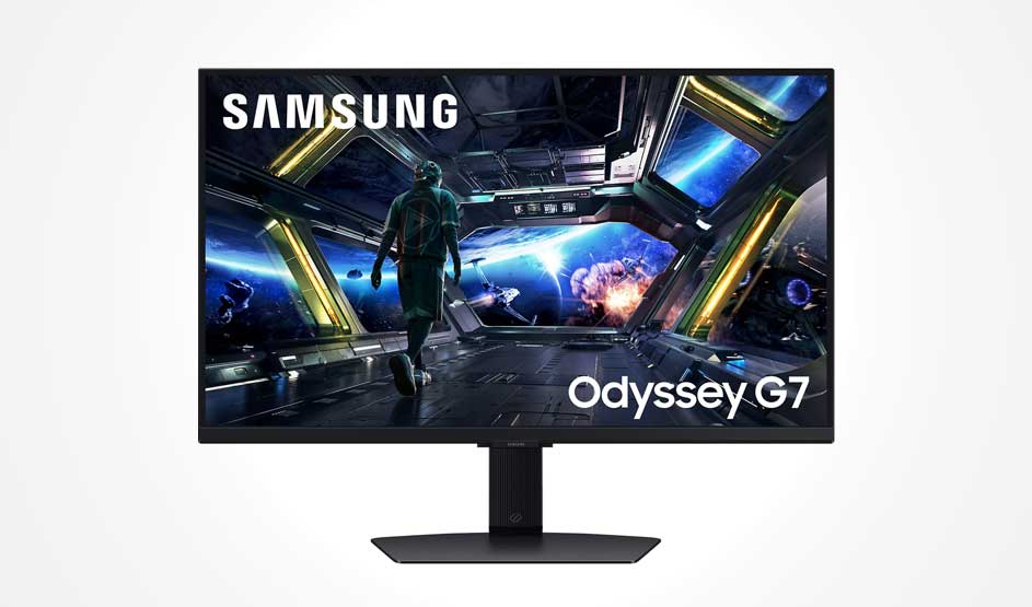Futuristic space game on a Samsung Odyssey G7 monitor: astronaut in a cockpit, blue glow, explosion and planets outside.