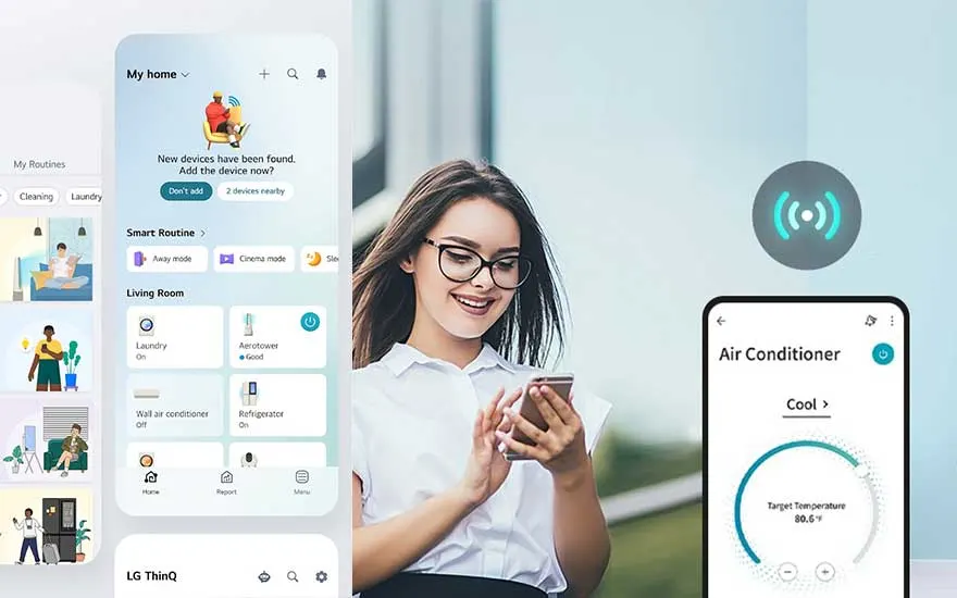 Application sur smartphone affichant le contrôle de la maison connectée, avec des options pour la lessive et la climatisation.