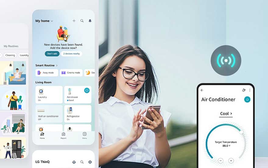 Application sur smartphone affichant le contrôle de la maison connectée, avec des options pour la lessive et la climatisation.