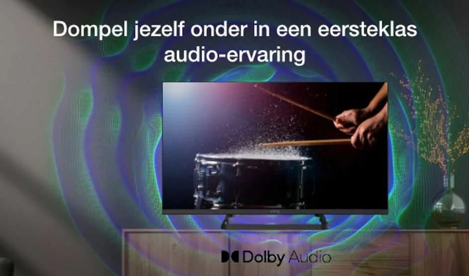 Een reclamebeeld toont een trommel, klankgolven en Franse tekst over eersteklas audio met onderaan het Dolby Audio-logo.