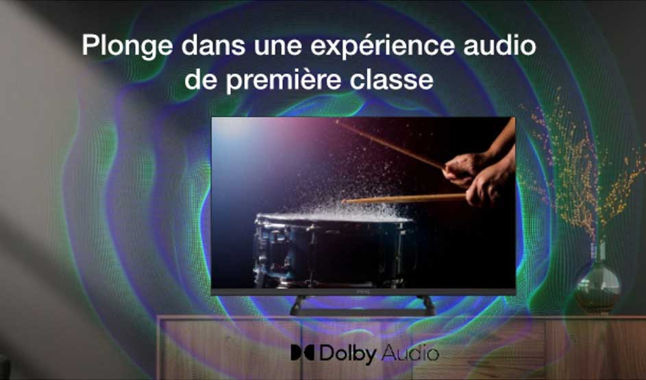 Une image publicitaire montre un tambour, des ondes sonores et un texte français sur un audio haut de gamme, avec le logo Dolby Audio.