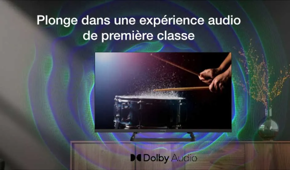 Une image publicitaire montre un tambour, des ondes sonores et un texte français sur un audio haut de gamme, avec le logo Dolby Audio.