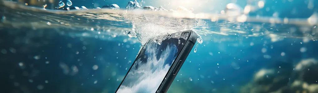 Un smartphone noir dans l'eau bleue avec des bulles et des ondulations à la surface.