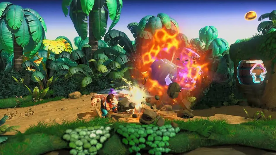 Dans un décor de jungle luxuriante, une explosion orange et violette projette des roches près de deux personnages. Un fût est à droite.