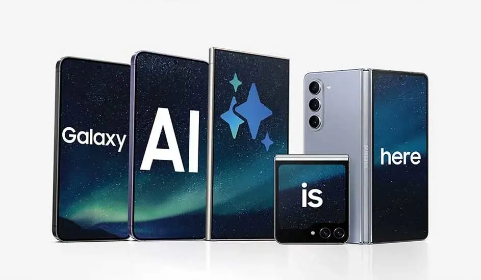 Cinq téléphones Samsung Galaxy avec fond d'écran bleu et texte "Galaxy AI is here" sur fond blanc.