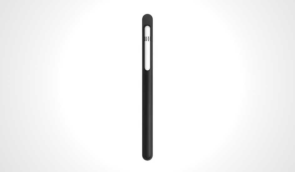 Étui noir vertical avec une ouverture oblongue laissant entrevoir un stylet blanc sur fond blanc.