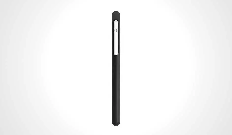 Étui noir vertical avec une ouverture oblongue laissant entrevoir un stylet blanc sur fond blanc.