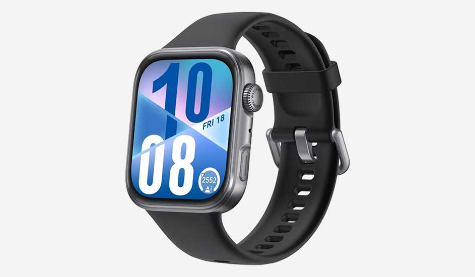 Black smartwatch with bright rectangular display, sporty silicone strap and bold digital clock showing time and fitness data.