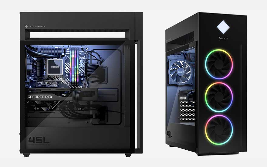 Two black OMEN gaming PCs: left shows an open case with GeForce RTX card and RGB memory, right displays a tower with three colourful RGB fans.