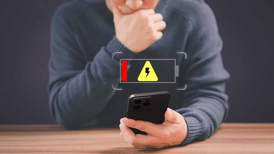 Zicht op een smartphone met een bijna lege batterij-icoon, weergegeven met een rode balk en een gele bliksemschicht.