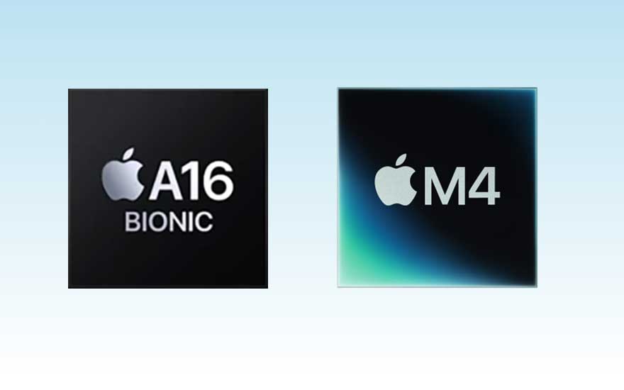 Deux puces noires avec le logo Apple apparaissent sur fond pâle : A16 Bionic à gauche et M4 à droite, pour les comparer.