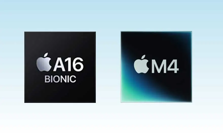 Deux puces noires avec le logo Apple apparaissent sur fond pâle : A16 Bionic à gauche et M4 à droite, pour les comparer.