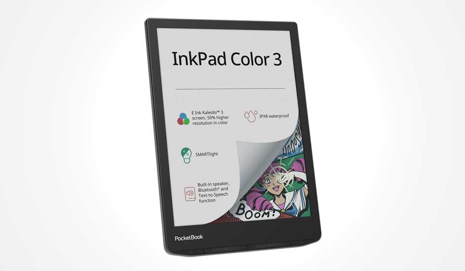 Une liseuse PocketBook noire affiche "InkPad Color 3" à l’écran, avec une bande dessinée visible dans un coin.