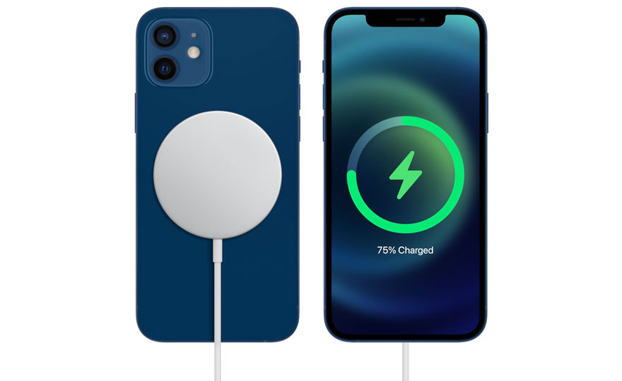 Twee blauwe smartphones, één met een witte draadloze oplader aan de achterkant en de ander met een groen laadicoon op het scherm.