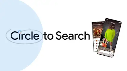 Twee smartphones tonen Google's "Circle to Search" functie tegen een witte achtergrond, met een blauwe cirkel en tekst aan de linkerkant.