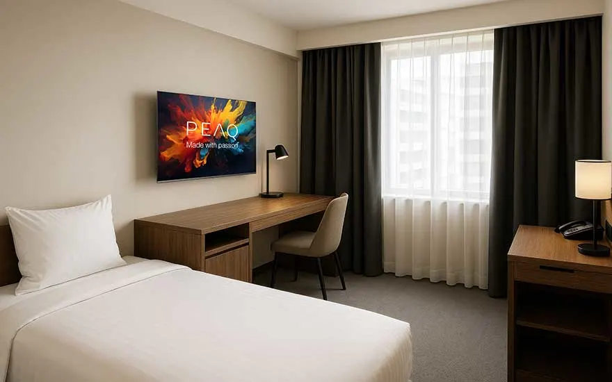 Chambre d'hôtel moderne avec lit, bureau et télévision colorée au mur. Couleurs neutres avec rideaux verts et éclairage.