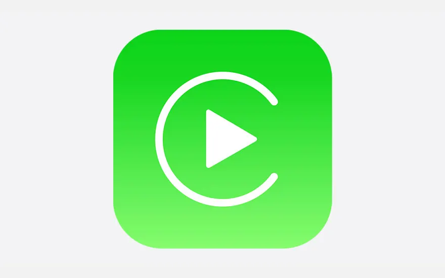 Icône verte arrondie avec un cercle blanc incomplet et un triangle pointant vers la droite.