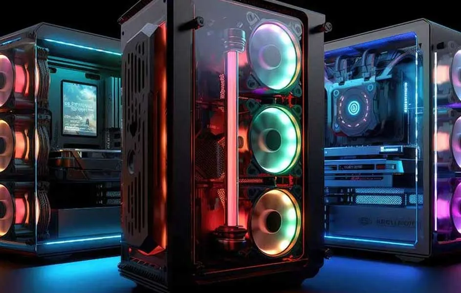 Drie zwarte computerbehuizingen met gekleurde ventilatoren en interne onderdelen, verlicht met blauwe, oranje en groene LED-verlichting.