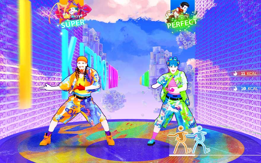Two colourful dancers move energetically in a bright, vibrant dance game with points and calories displayed.