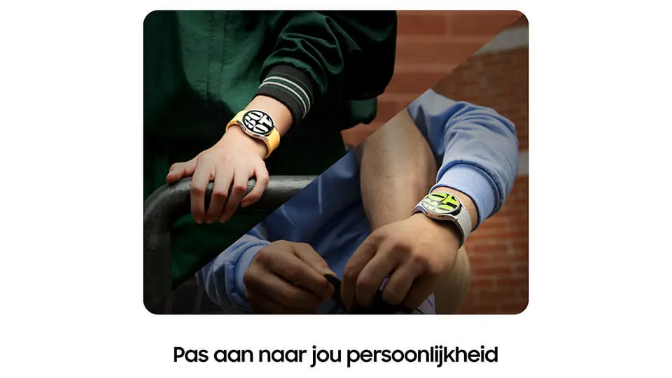 Twee armen met horloges: één met een gele band en één met een witte band. De achtergronden variëren van groen tot blauw.