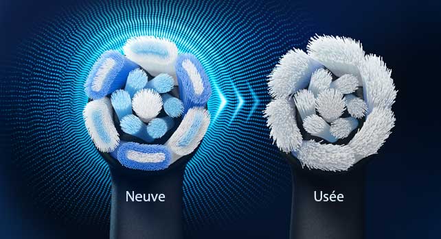 Deux têtes rondes côte à côte: à gauche neuve, poils nets avec halo bleu; à droite usée, brins écartés sur fond bleu foncé.